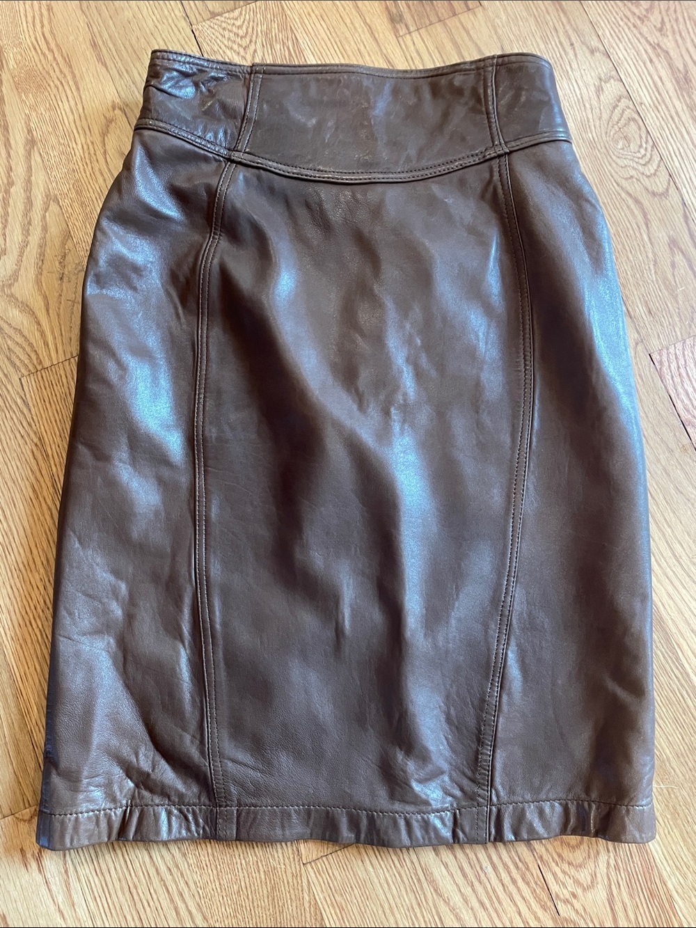 Vintage Andrew Marc Chocolate Brown Leather Pencil Skirt